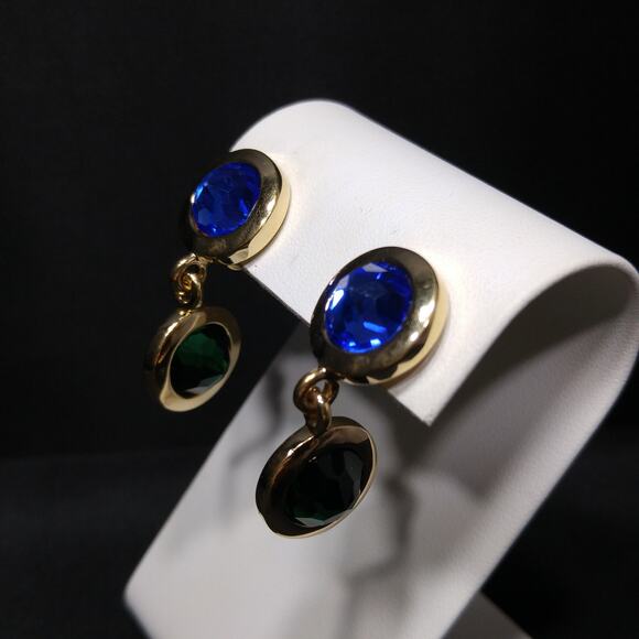 Swarovski Gold Plated Drop Earrings, Blue Green Purple Crystals, 1990s Swan Logo - Picture 7 of 10